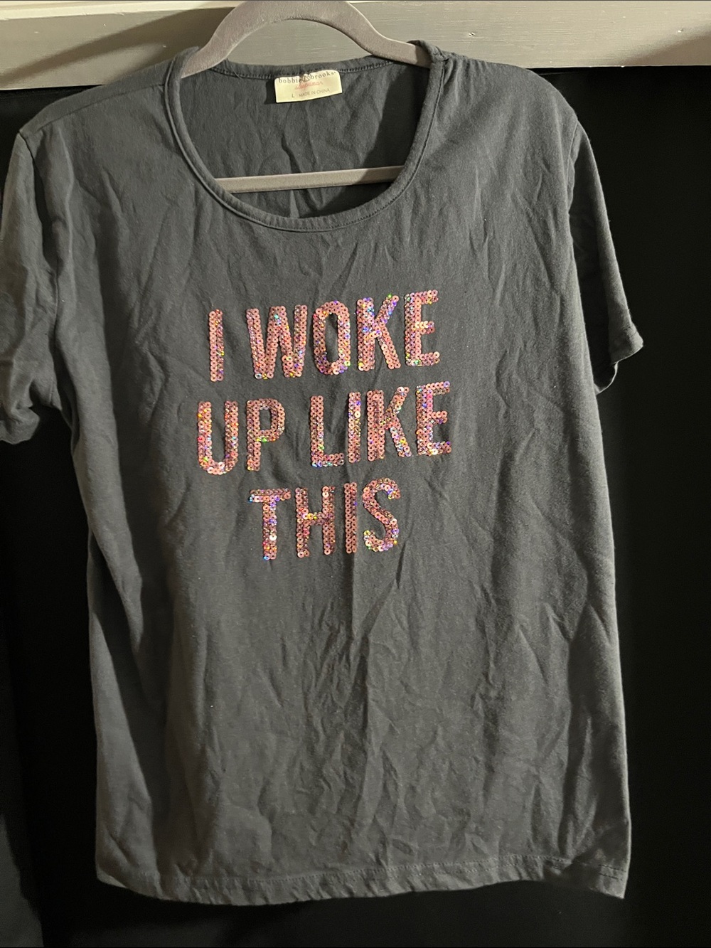 Bobbie Brooks Charcoal Gray Graphic Tee with Multicolor Sequin Text